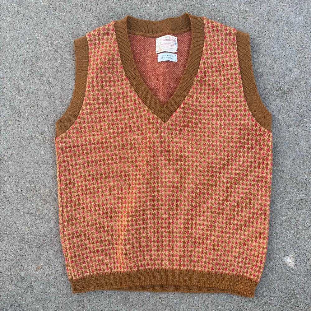 70s Young Pendleton Mustard Orange Houndstooth Wool Mohair Sweater Vest Size 40